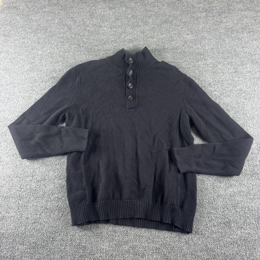 Carbon2cobalt Sweater Mens L Black Henley Mock Neck Waffle Knit Pullover Thermal